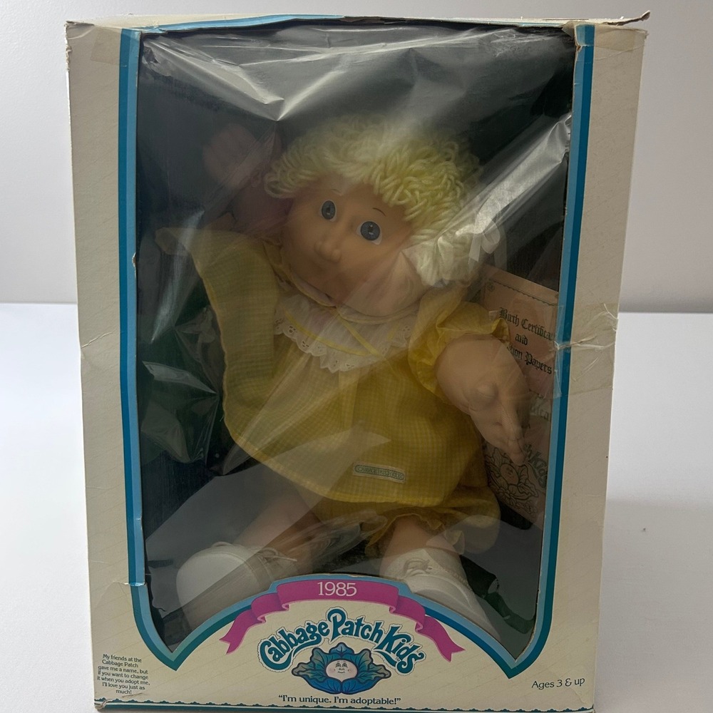 1985 Coleco‎ Cabbage Patch Kids Doll Blonde Yellow Dress NIB Box Papers Vintage